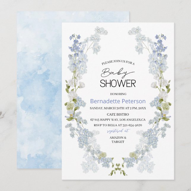 Watercolor Delphinium blue flowers  baby Shower Invitation (Front/Back)