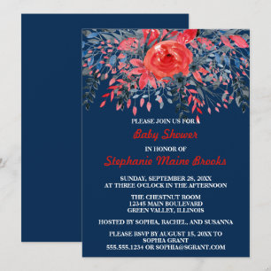 Watercolor Denim Blue Rose Baby Shower Party Invitation