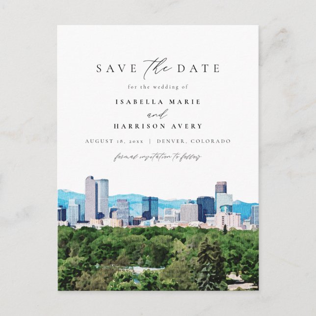 Watercolor Denver Colorado Ski Mountain Skyline Postcard (Front)