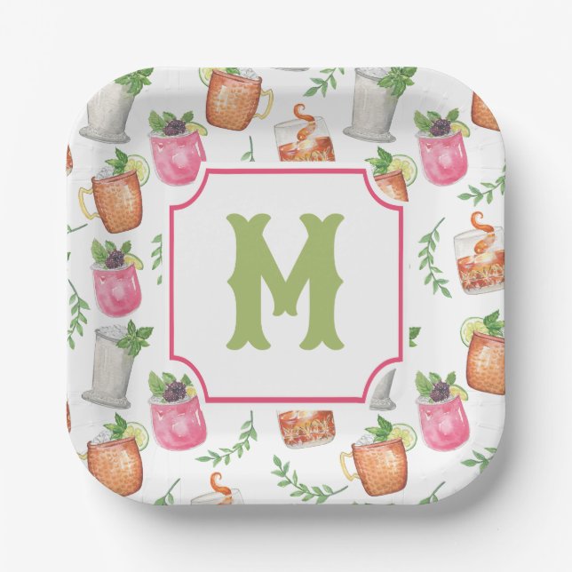 Watercolor Derby Day Mint Julep Drinks Monogram Paper Plate (Front)