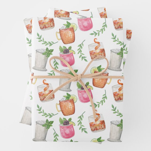 Watercolor Derby Day Mint Julep Drinks Wrapping Paper Sheet (In situ)