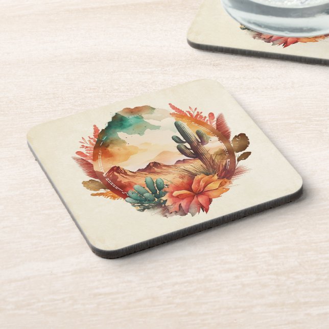 Watercolor Desert Cactus and Mountains Coaster (Left Side)