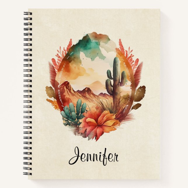 Watercolor Desert Cactus and Mountains Notebook (Front)