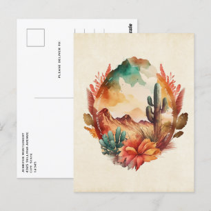 Watercolor Desert Cactus and Mountains Postcard