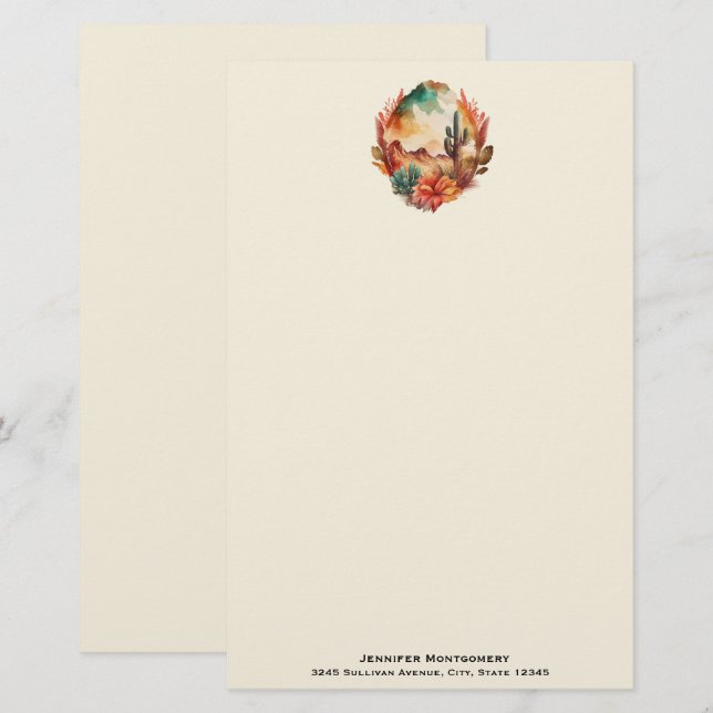 Watercolor Desert Cactus and Mountains Stationery (Front/Back)