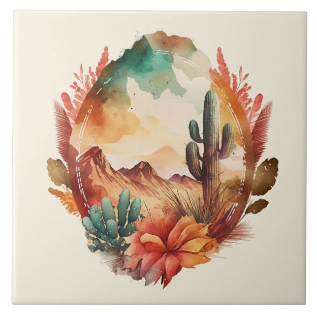 Watercolor Desert Cactus and Mountains Tile (Front)