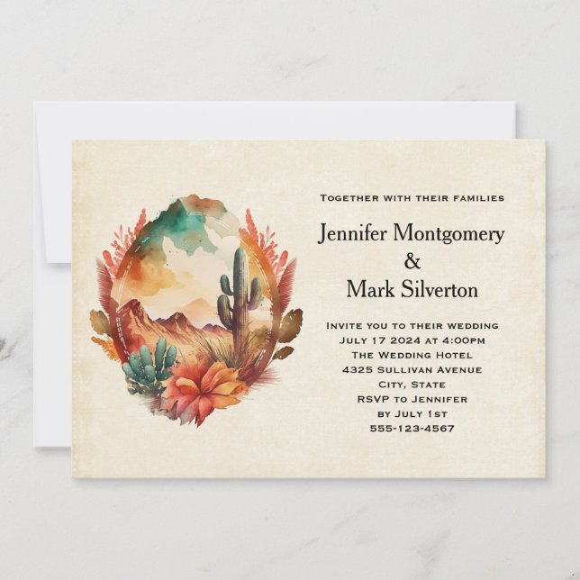 Watercolor Desert Cactus and Mountains Wedding Invitation (Front)