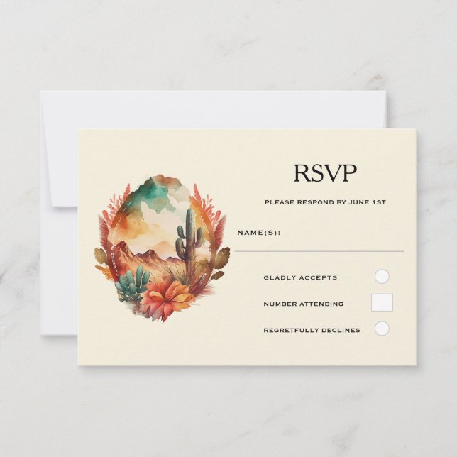 Watercolor Desert Cactus and Mountains Wedding RSVP Card (Front)