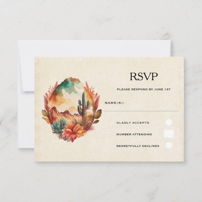 Watercolor Desert Cactus and Mountains Wedding RSVP Card (Front)