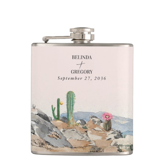 Watercolor Desert Cactus Boho Wedding Hip Flask (Front)