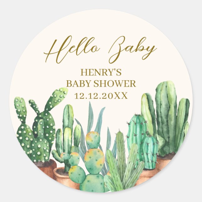 Watercolor Desert Cactus Garden Baby Shower  Classic Round Sticker (Front)