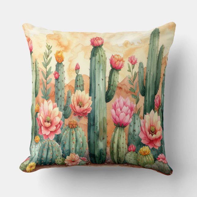 Watercolor Desert Cactus Garden Pillow (Front)