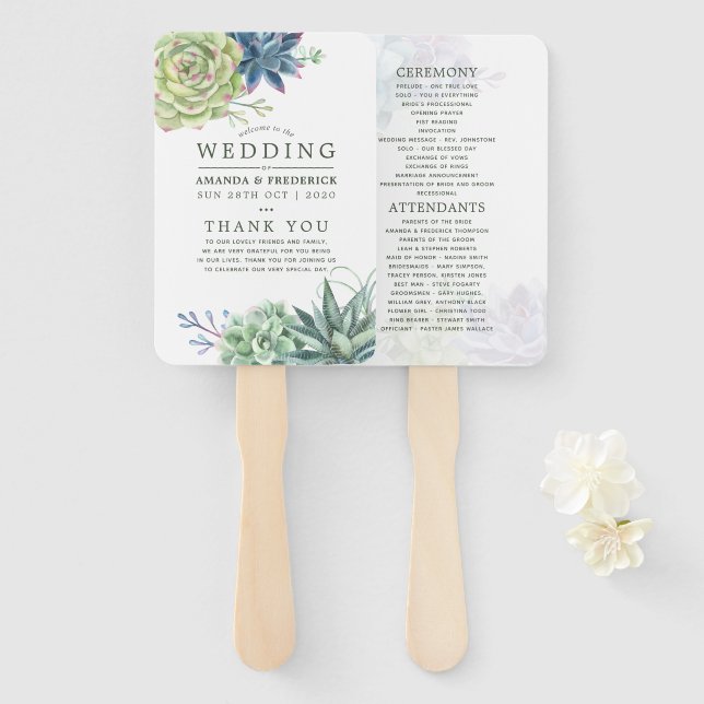 Watercolor Desert Cactus Succulent Wedding Program Hand Fan (Front and Back)