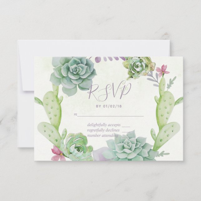 Watercolor Desert Cactus Succulents Wedding RSVP (Front)