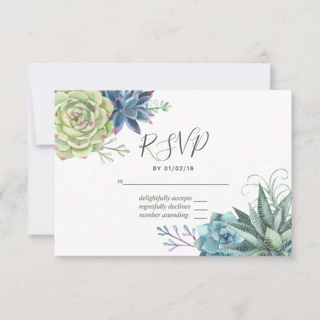 Watercolor Desert Cactus Succulents Wedding RSVP Card (Front)