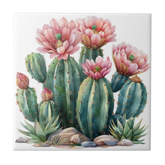 Watercolor desert flowers cacti. tile (Front)