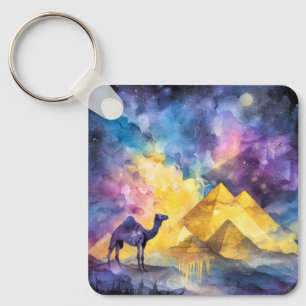 Watercolor Desert Galaxy Camel Pyramid Travel Key Ring