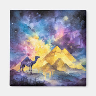 Watercolor Desert Galaxy Camel Pyramid Travel Magnet