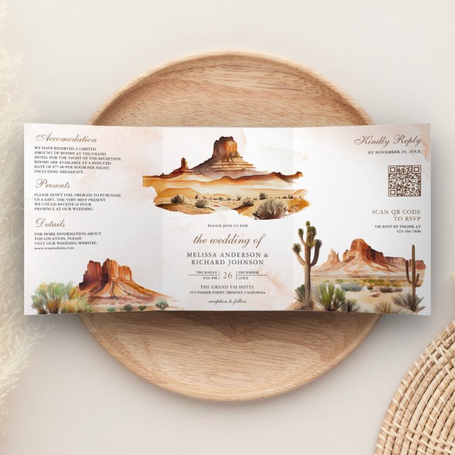 Watercolor Desert Mountain Cactus QR Code Wedding Tri-Fold Invitation (Creator Uploaded)