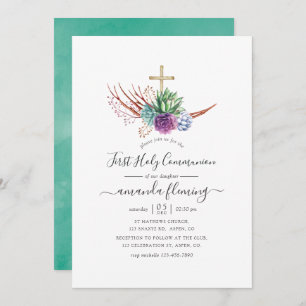 Watercolor Desert Succulents First Holy Communion Invitation