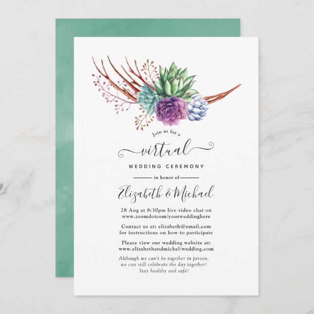 Watercolor Desert Succulents Virtual Wedding Invitation (Front/Back)