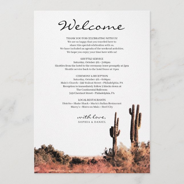 Watercolor Desert Wedding Welcome Itinerary Programme (Front)