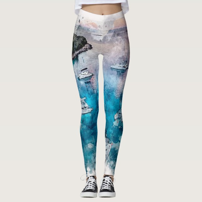 Watercolor design by Le Caviar Catamaran Adriatic Leggings (Front)
