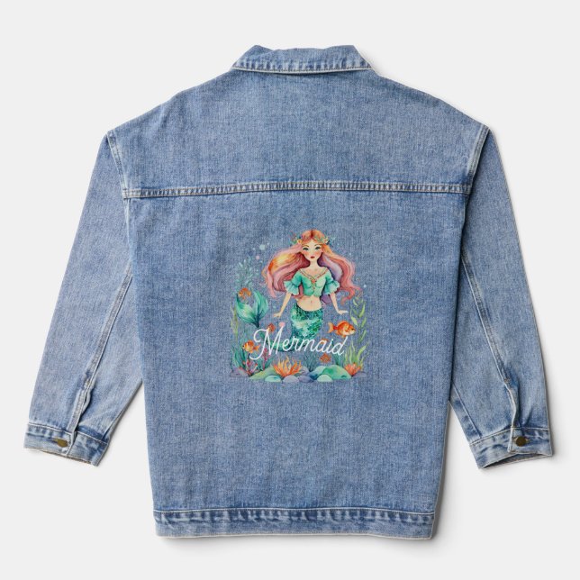 watercolor design mermaid script  denim jacket (Back)