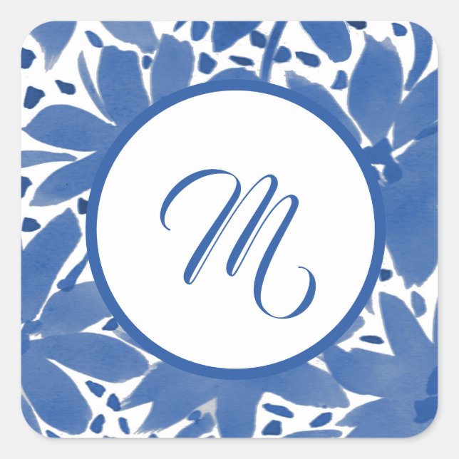 Watercolor Design Monogrammed Blue Floral Square Sticker (Front)