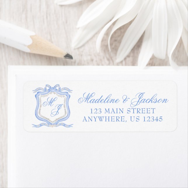 Watercolor Designer Blue Monogram Crest Address (Insitu)