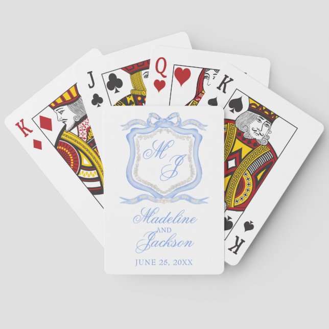 Watercolor Designer Blue Monogram Crest Favour Playing Cards (Back)