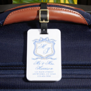 Watercolor Designer Blue Monogram Crest Honeymoon Luggage Tag