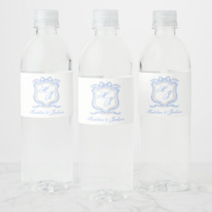 Watercolor Designer Blue Monogram Crest Water Bottle Label
