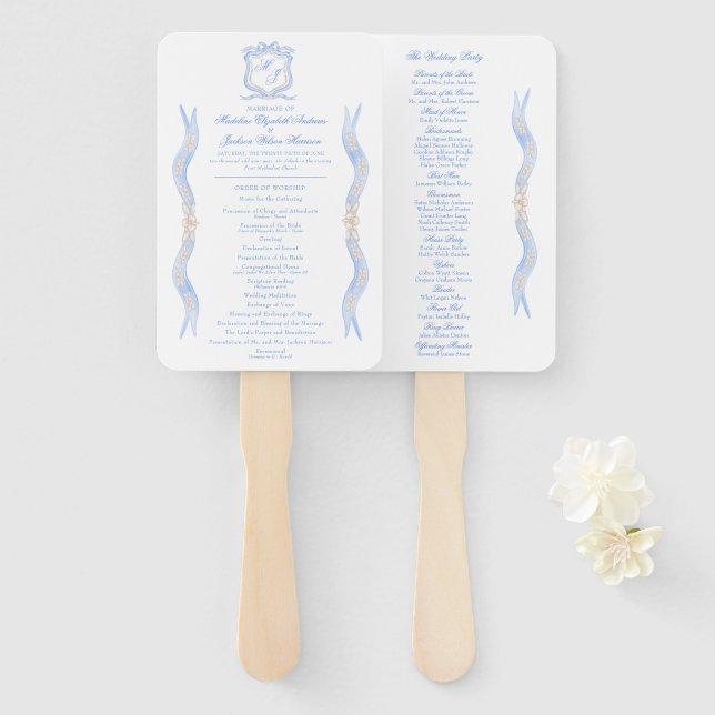 Watercolor Designer Blue Monogram Crest Wedding Hand Fan (Front and Back)