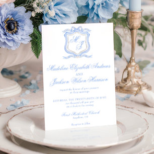 Watercolor Designer Blue Monogram Crest Wedding Invitation