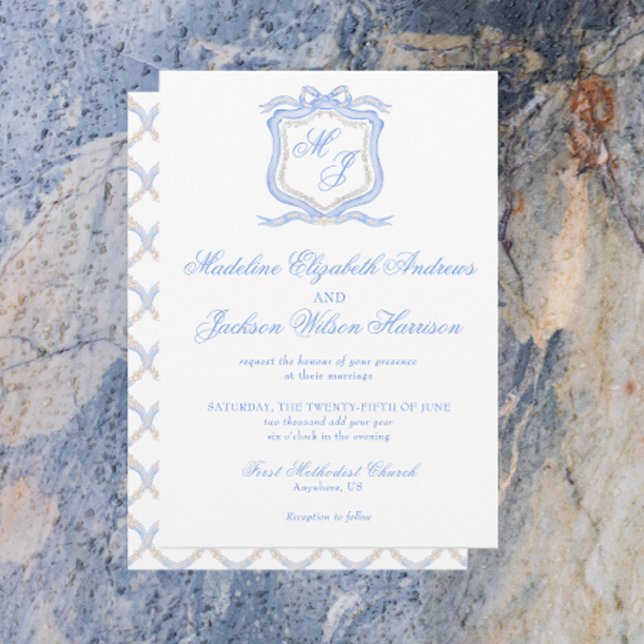 Watercolor Designer Blue Monogram Crest Wedding Invitation (Creator Uploaded)