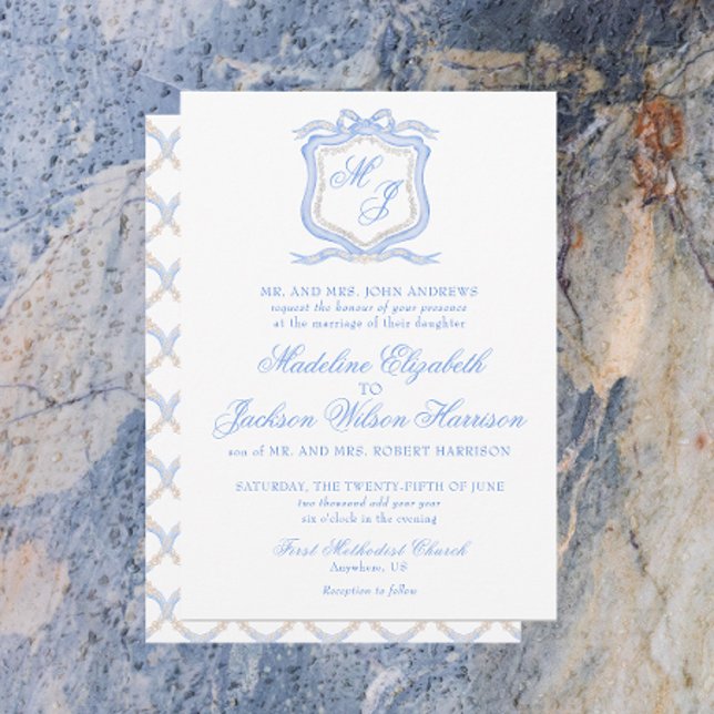 Watercolor Designer Blue Monogram Crest Wedding Invitation (Celebrate your big day in style with the Watercolor Designer Blue Monogram Crest Wedding Invitation!)