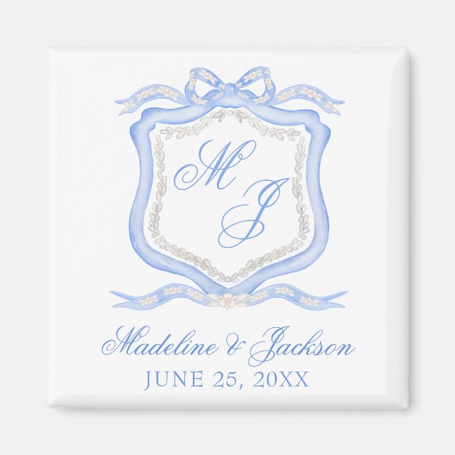 Watercolor Designer Blue Monogram Crest Wedding Magnet (Front)
