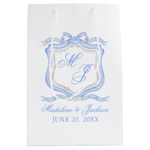 Watercolor Designer Blue Monogram Crest Wedding Medium Gift Bag