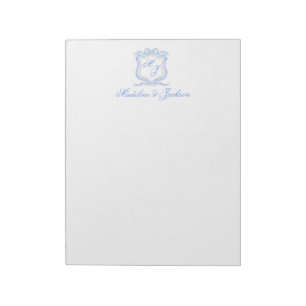 Watercolor Designer Blue Monogram Crest Wedding Notepad