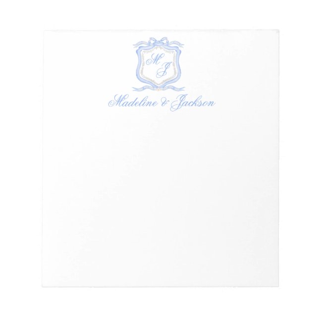 Watercolor Designer Blue Monogram Crest Wedding Notepad (Front)