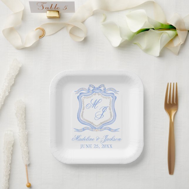 Watercolor Designer Blue Monogram Crest Wedding Paper Plate (Wedding)