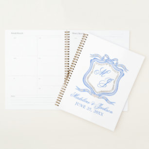 Watercolor Designer Blue Monogram Crest Wedding Planner