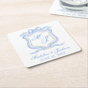 Watercolor Designer Blue Monogram Crest Wedding Square Paper Coaster