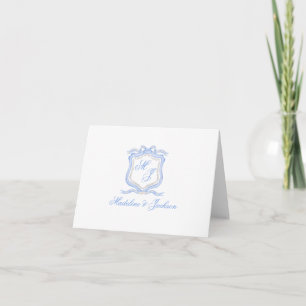 Watercolor Designer Blue Monogram Crest Wedding Thank You Card