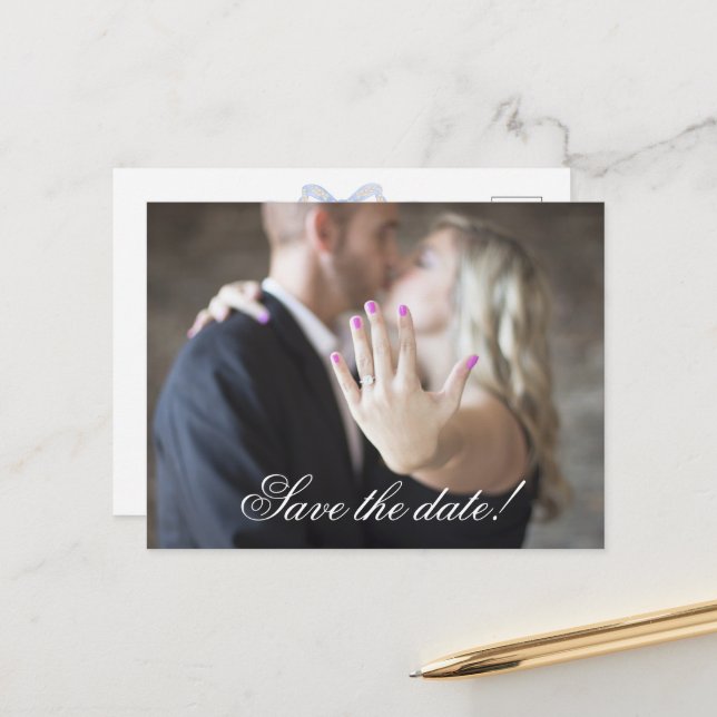 Watercolor Designer Blue Photo Save the Date Postcard (Front/Back In Situ)
