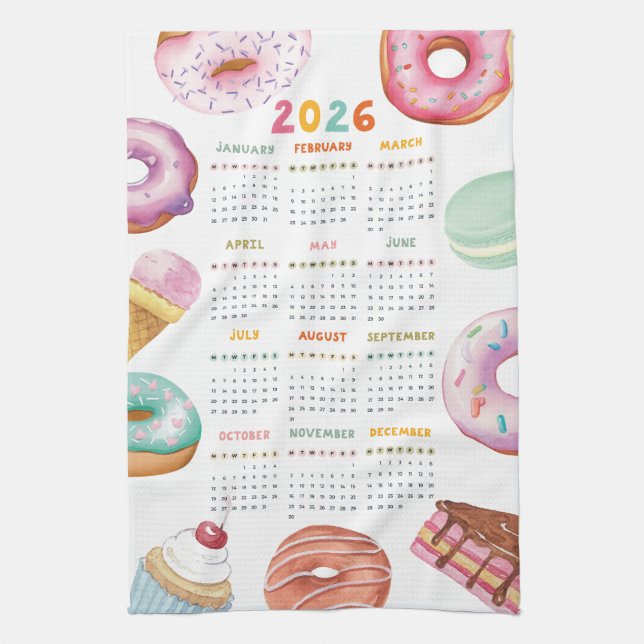 Watercolor Dessert Doughnut 2026 Calendar Tea Towel (Vertical)