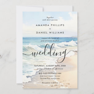 Watercolor Destination Rolling Waves Beach Wedding Invitation