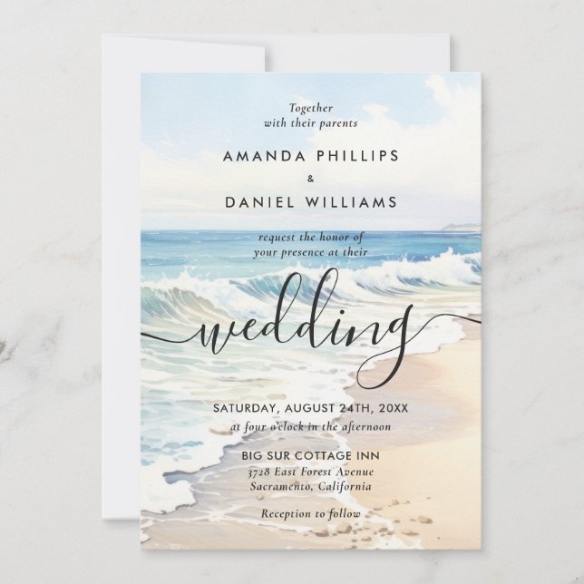 Watercolor Destination Rolling Waves Beach Wedding Invitation (Front)