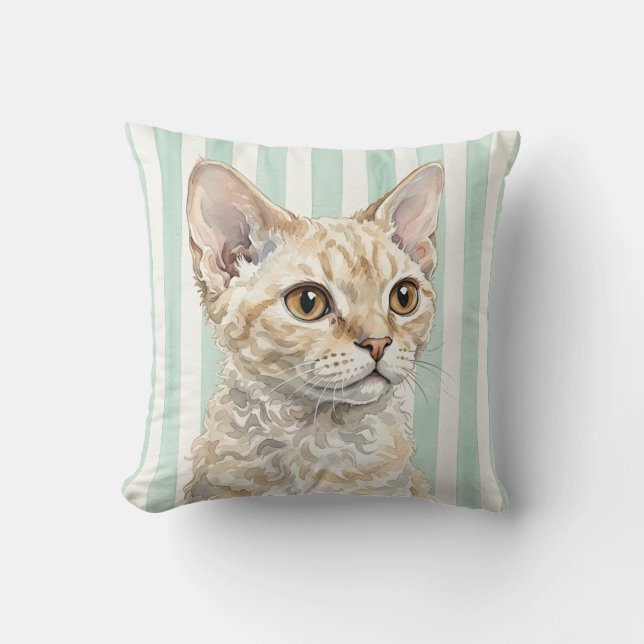 Watercolor Devon Rex Cat Pillow (Front)